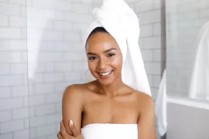 woman after trying microneedling