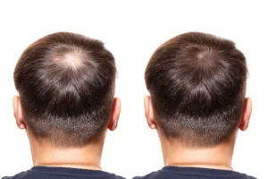 Hair loss. Men view from the back, comparison of hair before and after PRP treatment