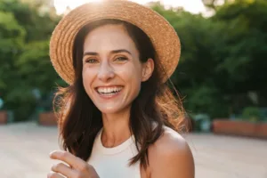 Woman laughing and looking at camera while walking in summer park.